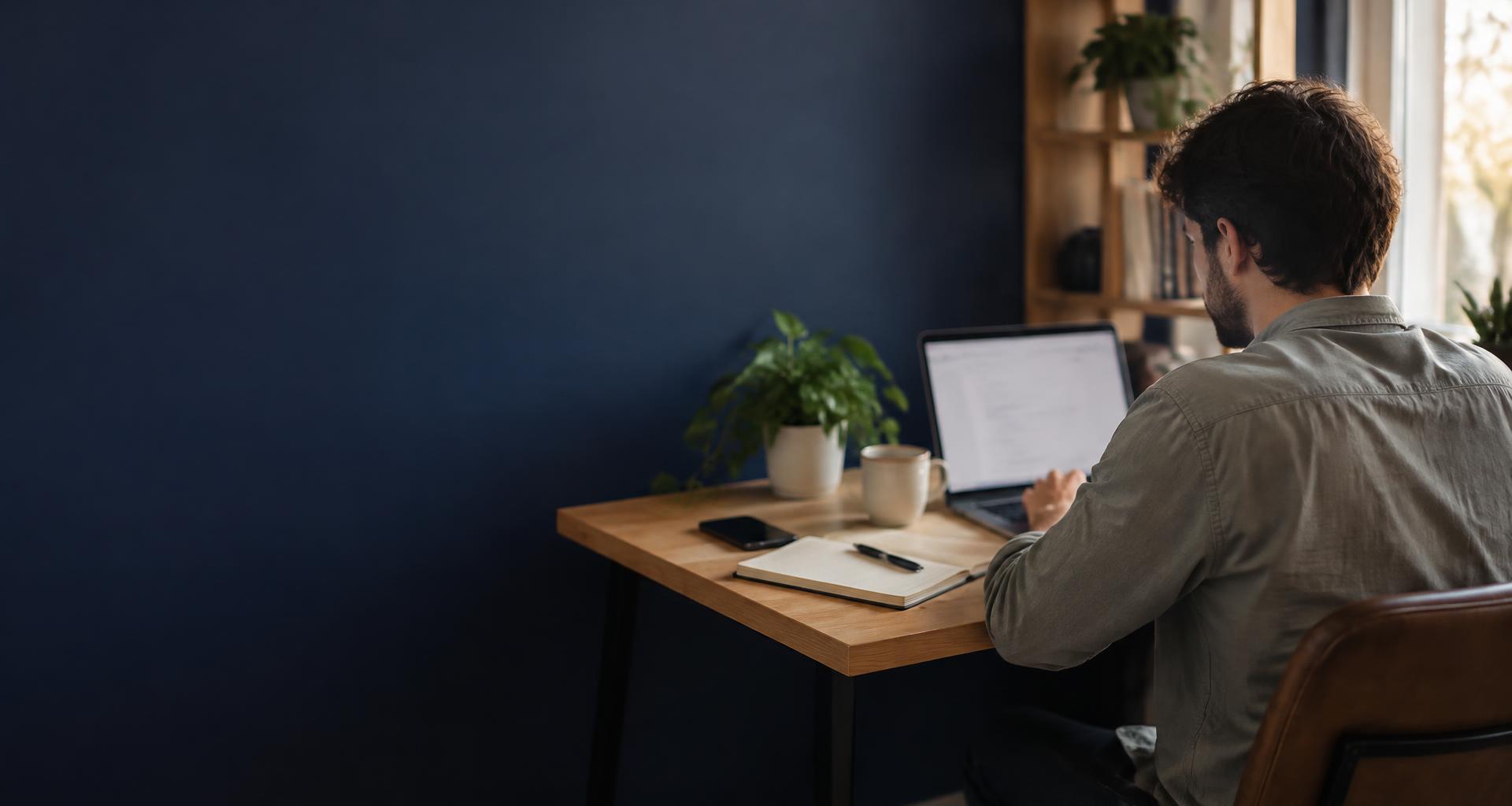 A person working at a laptop on a wooden desk in a quiet agency workspace